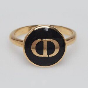 Christian Dior Black/Gold Enamel and Metal CD Logo Ring Size 5